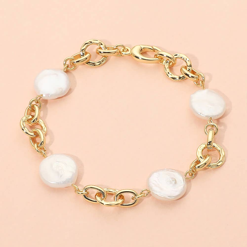 18K Gold Dipped Freshwater Pearl Station Link Chain Bracelet