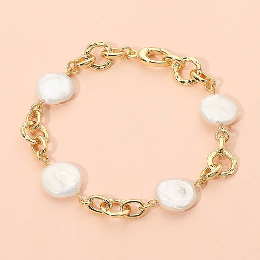18K Gold Dipped Freshwater Pearl Station Link Chain Bracelet