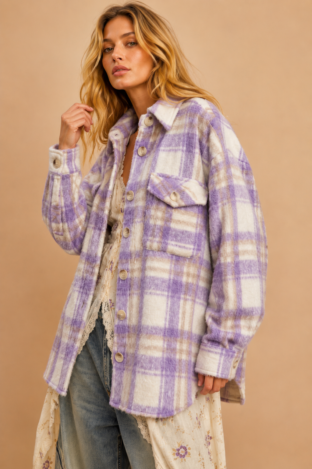 Oversized Fuzzy Plaid Shirt Jacket