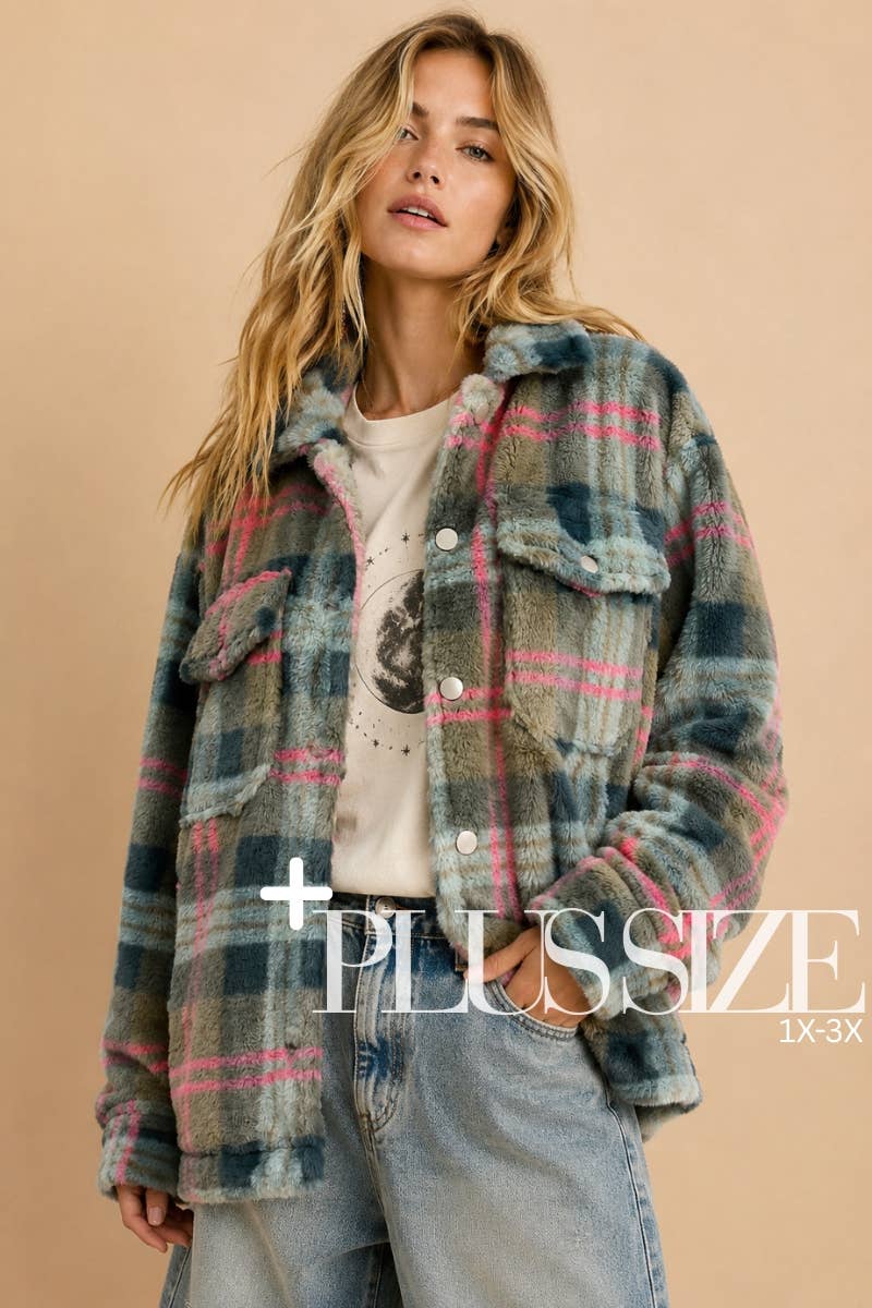 PLUS SIZE Fuzzy Plaid Button Up Jacket