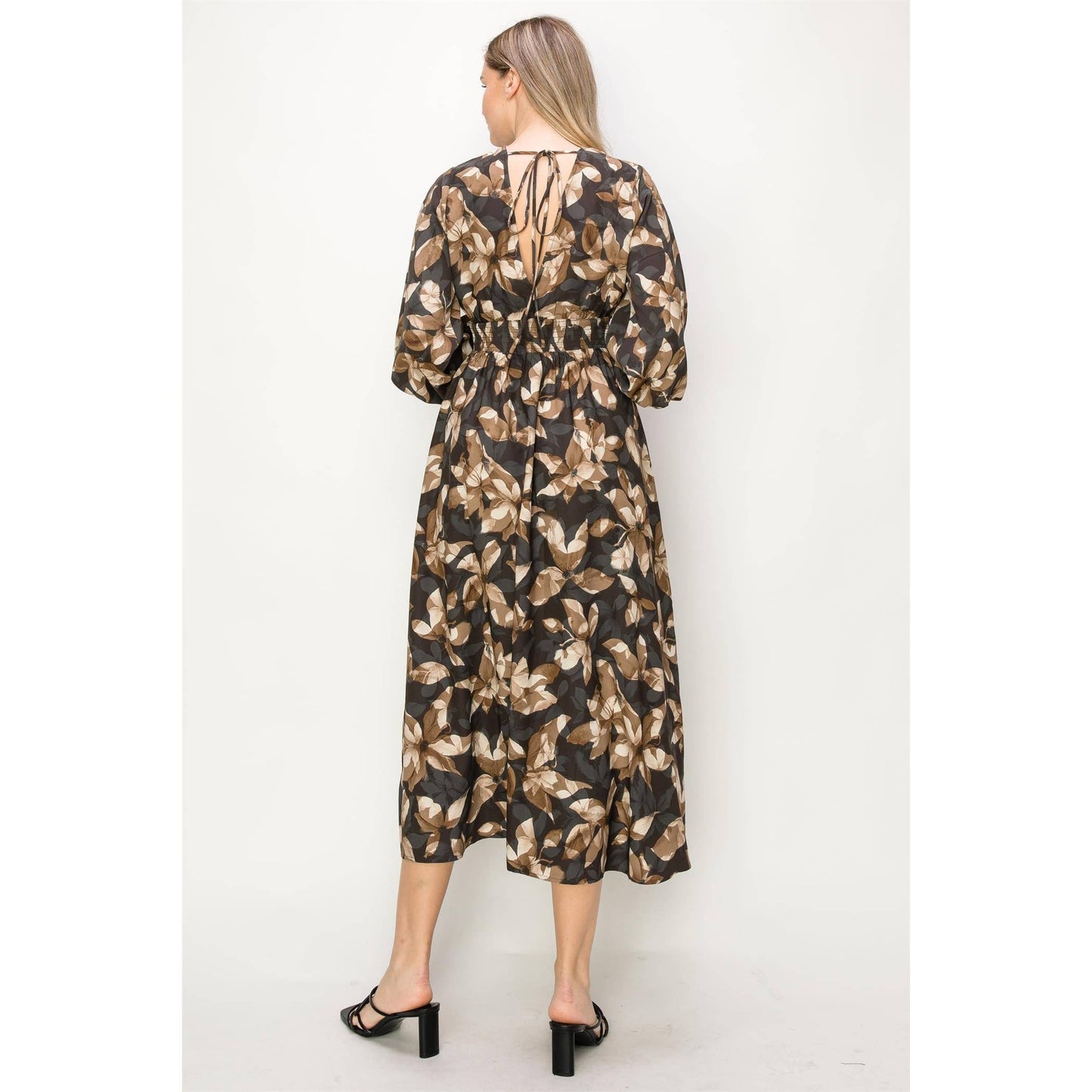 SATIN FLORAL LONG SLEEVE STRETCH WAIST MAXI DRESS