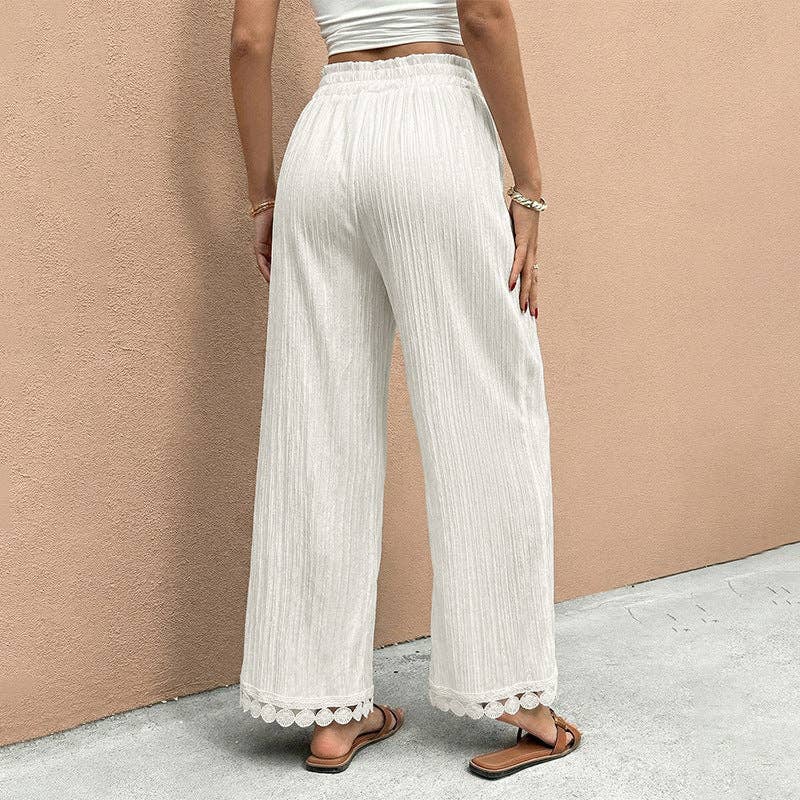 Textured Wide Leg Pants Lace Hem Casual Resort Pants
