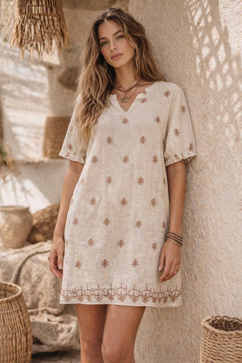 Beige Lightweight Linen-Feel Embroidered Tunic Top – Relaxed Fit with Border Detail