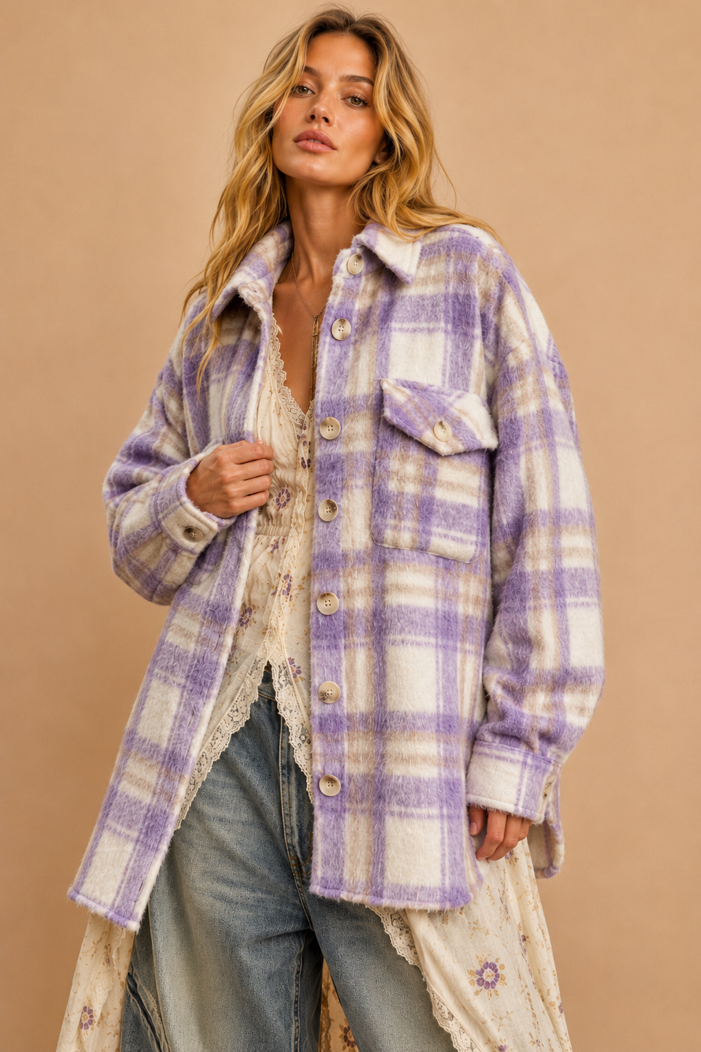 Oversized Fuzzy Plaid Shirt Jacket