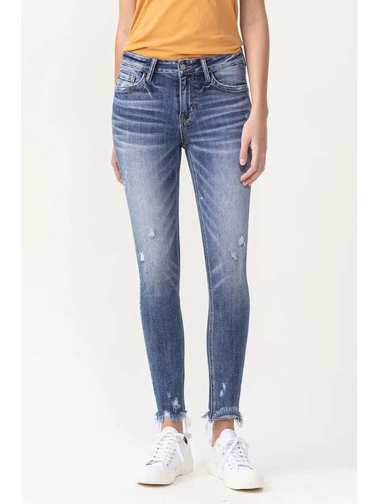 Mid Rise Ankle Skinny Jeans with Frayed Hem Detail