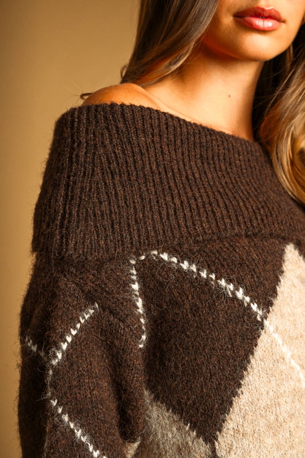 ARGYLE PATTERN OFF SHOULDER LONG SLEEVE SWEATER