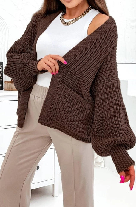 Bella Pocket Detail Knitted Cardigan-Dark Brown