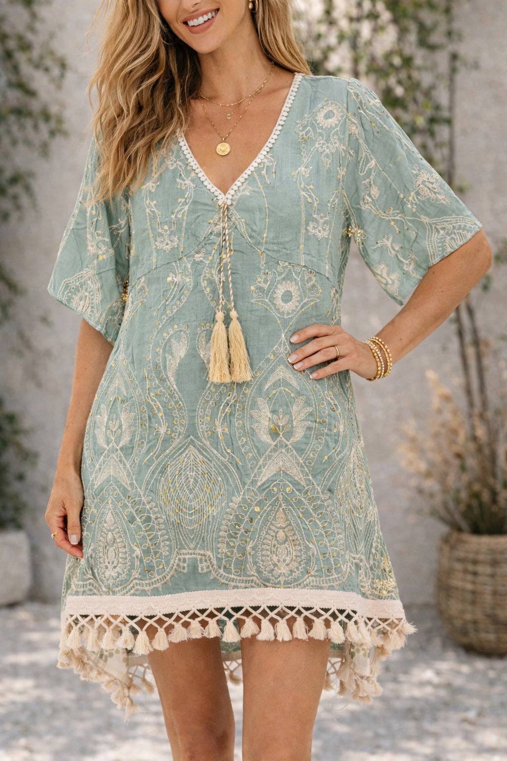 Embroidered Sequin Boho Tunic Dress with Tassel Tie & Fringe Hem