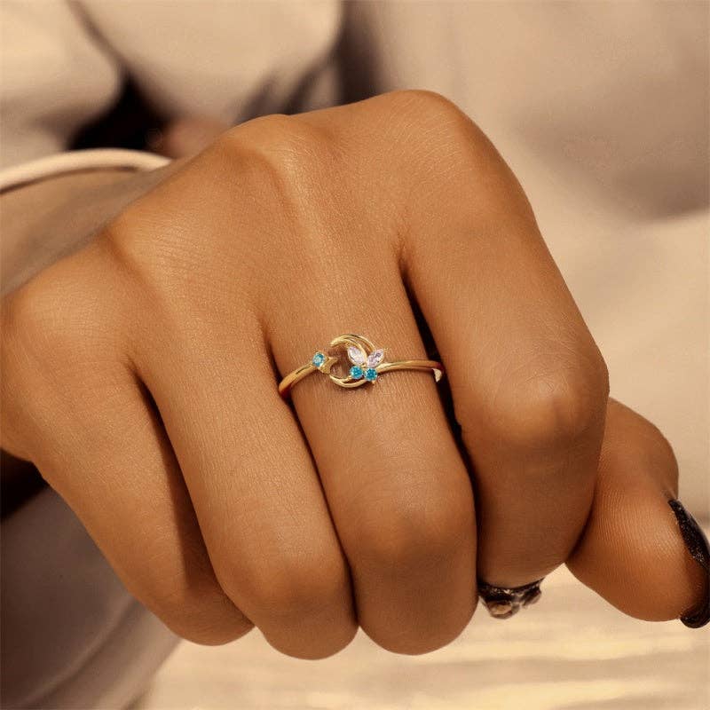 Gold Butterfly Moon Star CZ Open Ring in 925 Sterling Silver