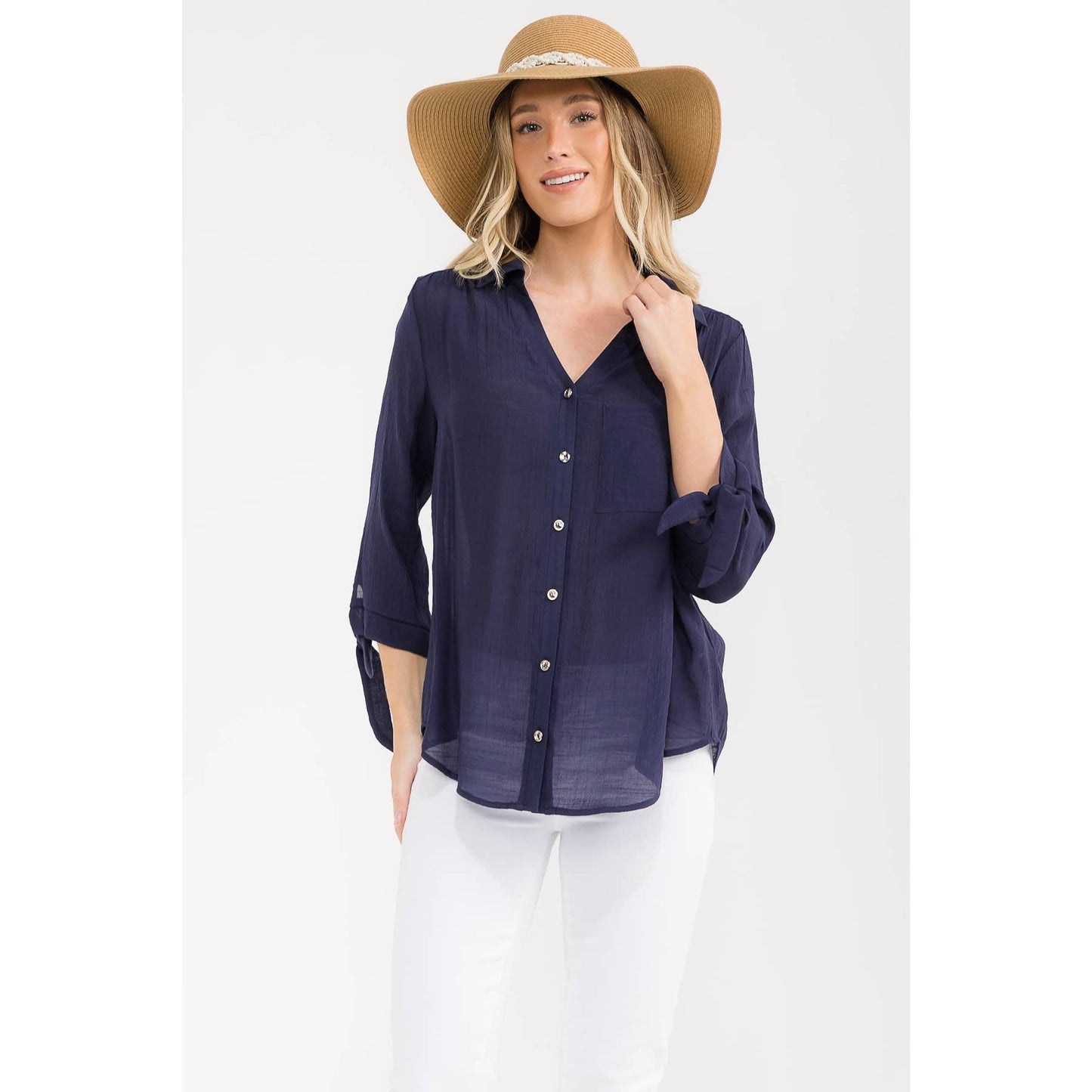 PAPAYA GAUZE COLLAR TIE SLEEVE SHIRT