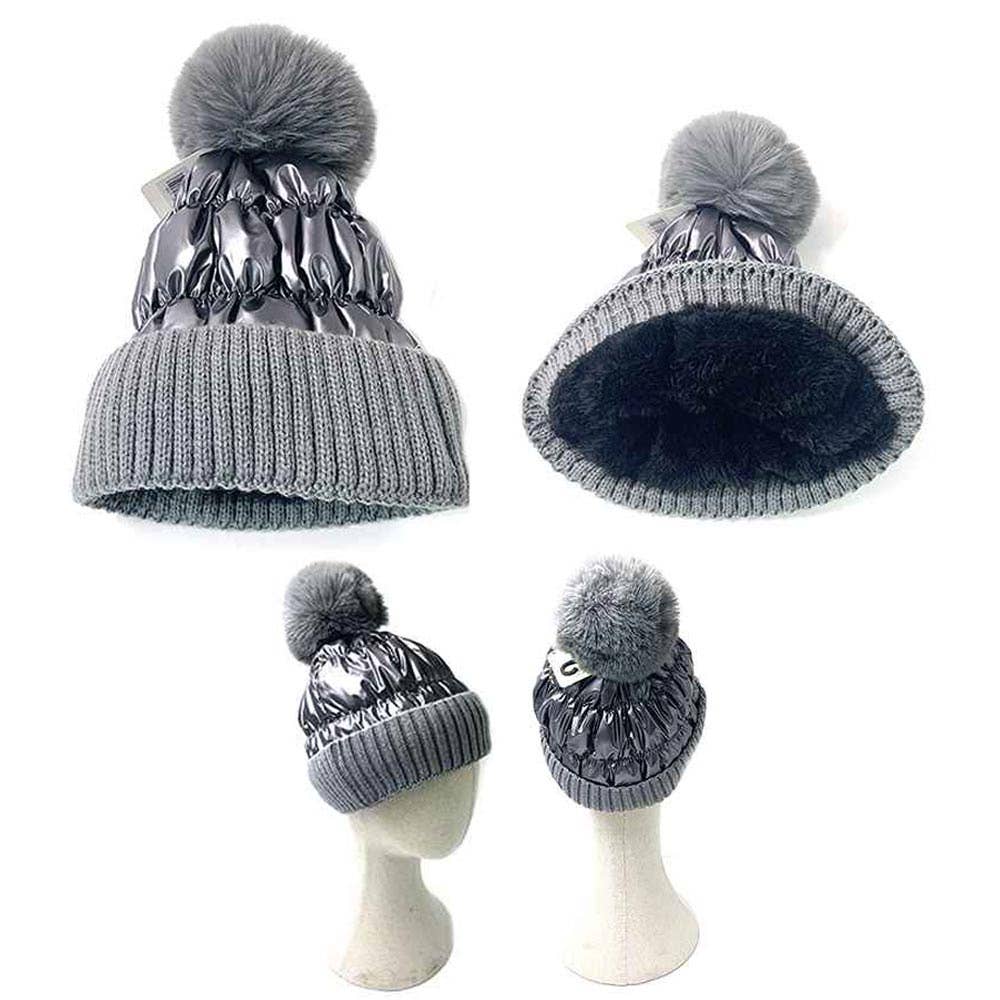 Fleece Lining Puffer Knit Pom Pom Beanie Hat