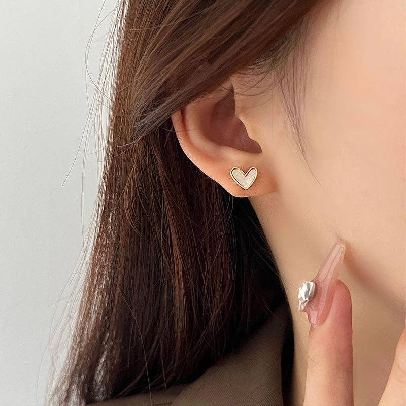 Mother Of Pearl Heart Stud Earrings in 925 Sterling Silver