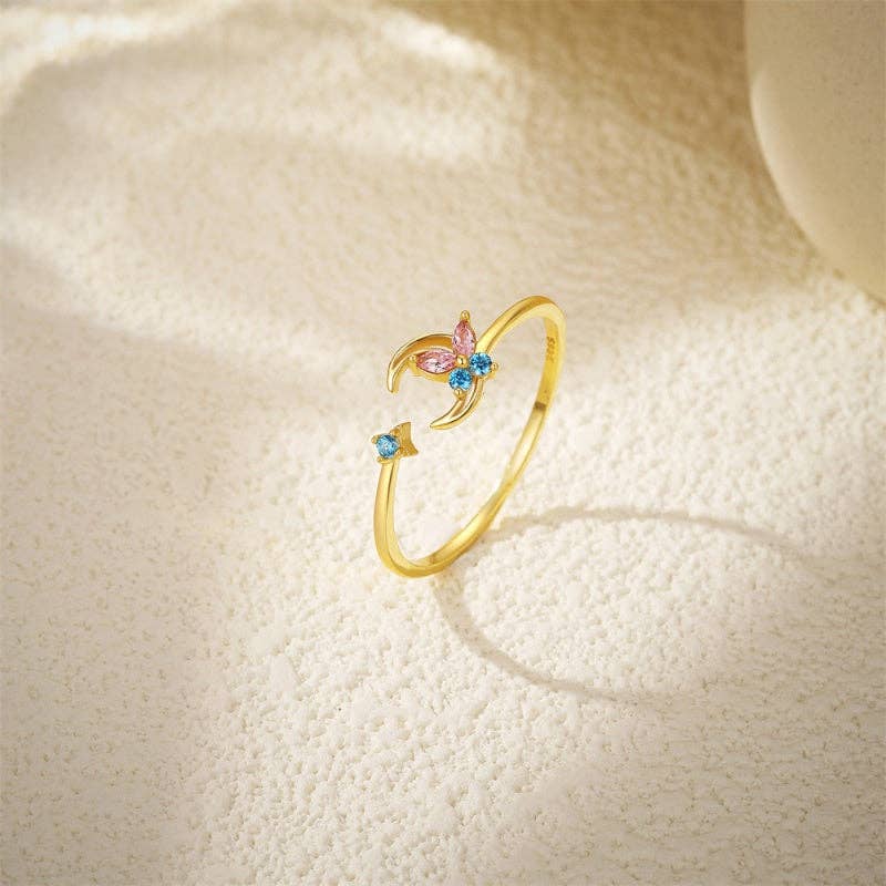 Gold Butterfly Moon Star CZ Open Ring in 925 Sterling Silver