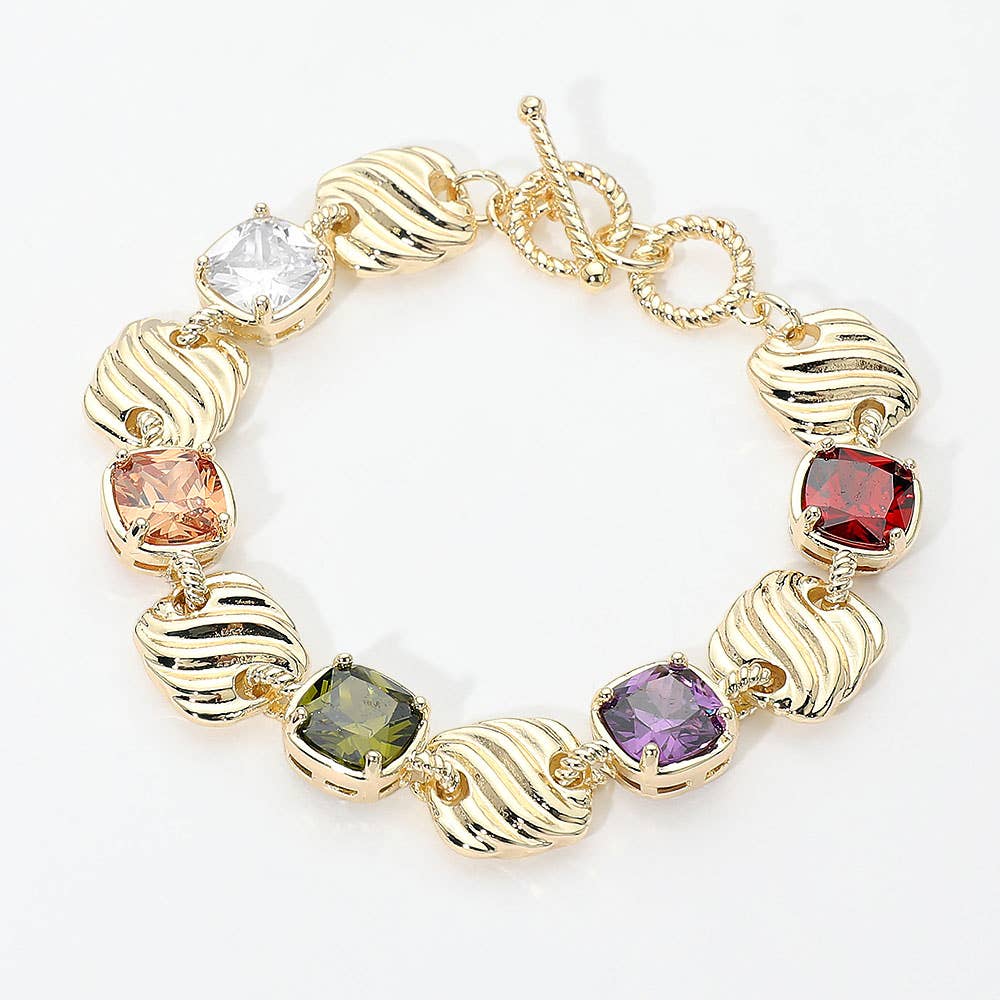 14K Gold Plated Multicolor Square CZ Cluster Textured Plate Link Toggle Bracelet