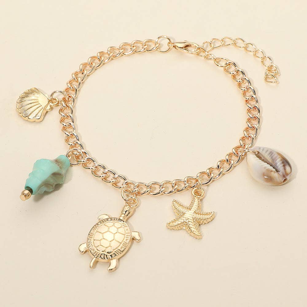 Shell Turtle Starfish Charm Station Chain Bracelets