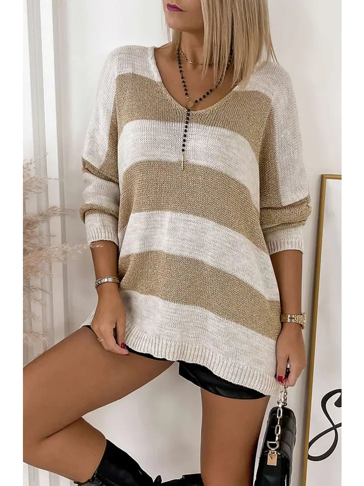 Nevaeh Shimmer Knitted Jumper Sweater Top-Stone