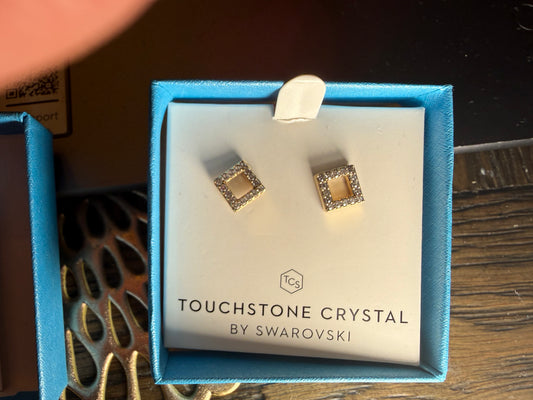 Touchstone Crystal Gold Tone Open Square Stud Earrings