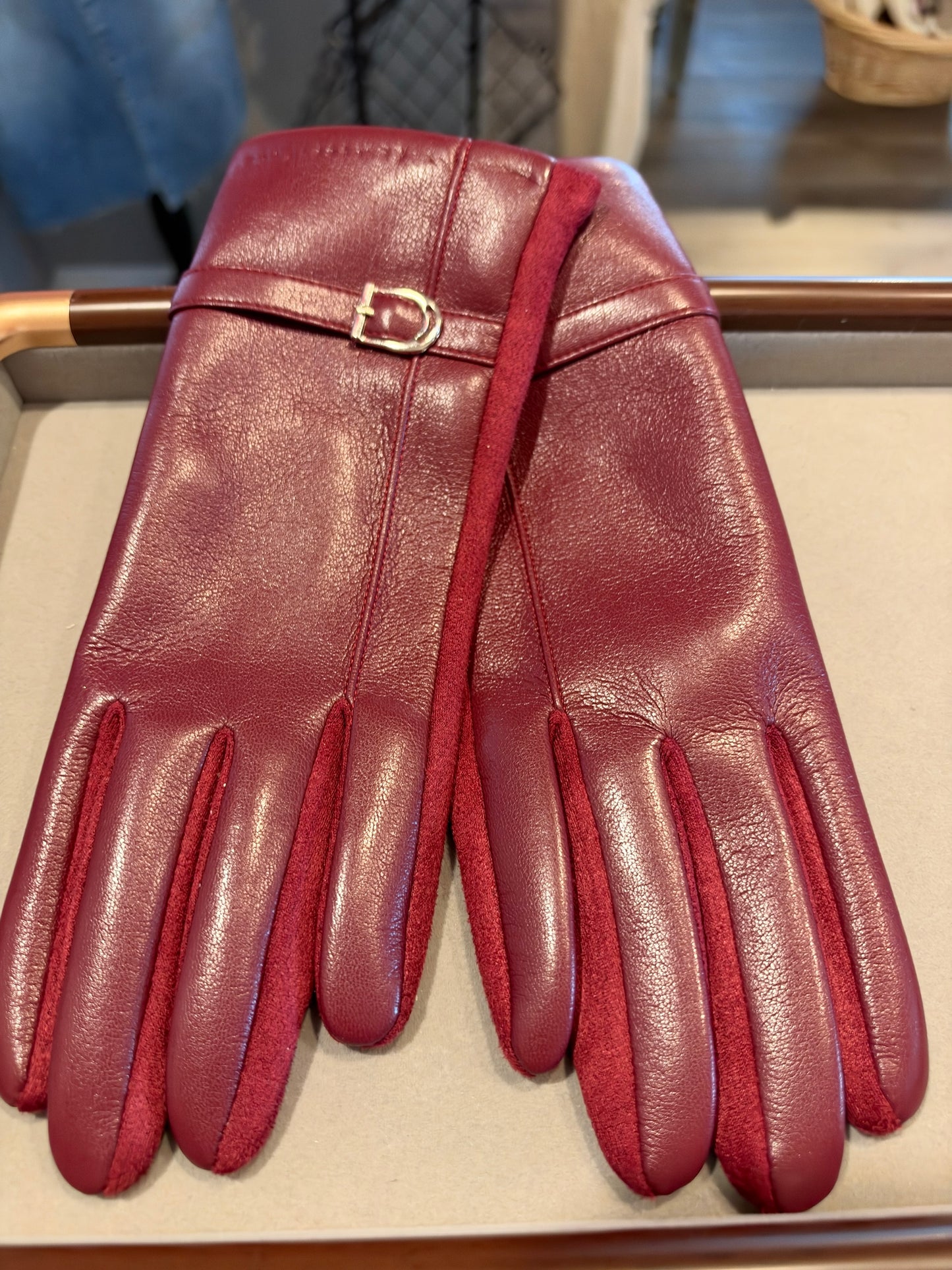 Burgundy Faux Leather & Suede Gloves