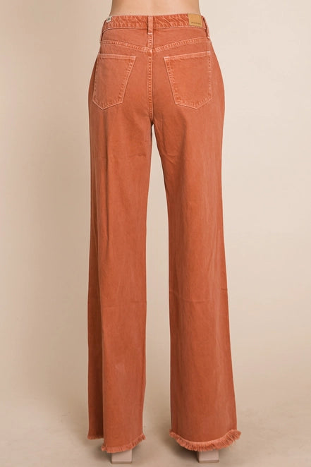 High Rise Raw Hem Wide Leg Washed Color Pants