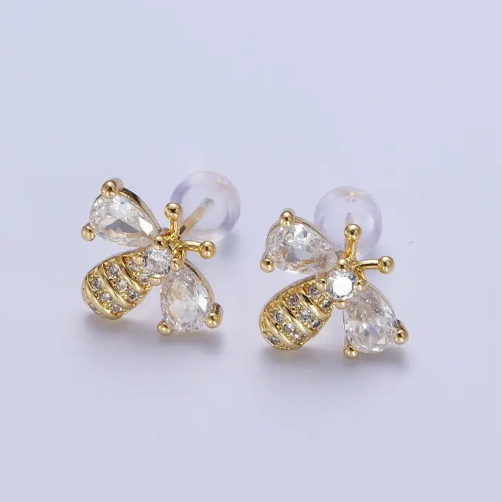 14K Gold Filled Micro Paved Bumble Queen Bee Cubic Zirconia Gold Stud Earrings |