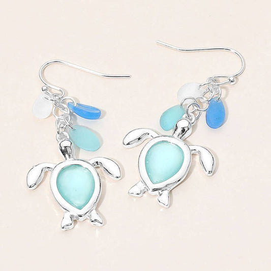 Sea Glass Sea Turtle Drop Dangle Earrings