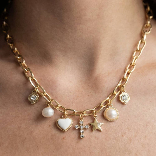 Heart Star And Pearl Charms Chain Necklace