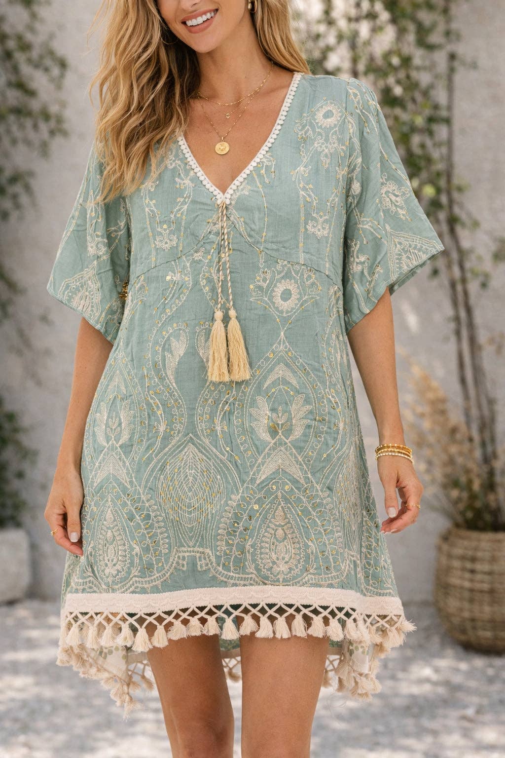 Embroidered Sequin Boho Tunic Dress with Tassel Tie & Fringe Hem