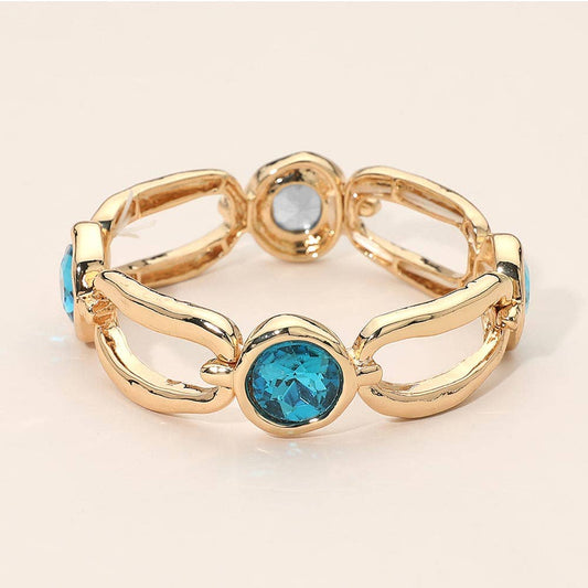 Round Crystal Hammered Metal Open Oval Stretch Bracelet