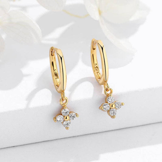 Four-Petal Flower Drop Hoop Earrings in 925 Sterling Silver