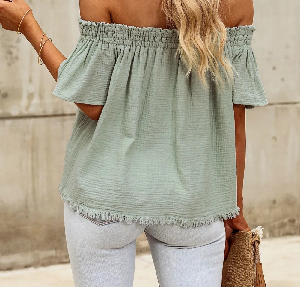 Green Off Shoulder Textured Ruched Ruffle Blouse