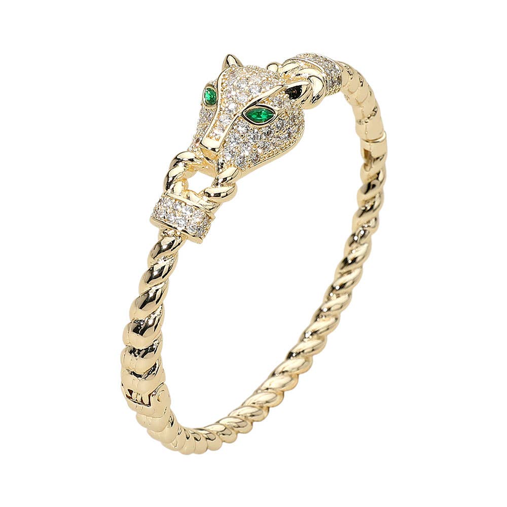 CZ Stone Paved Leopard Panther Head Accent Hinged Bangle Bracelet