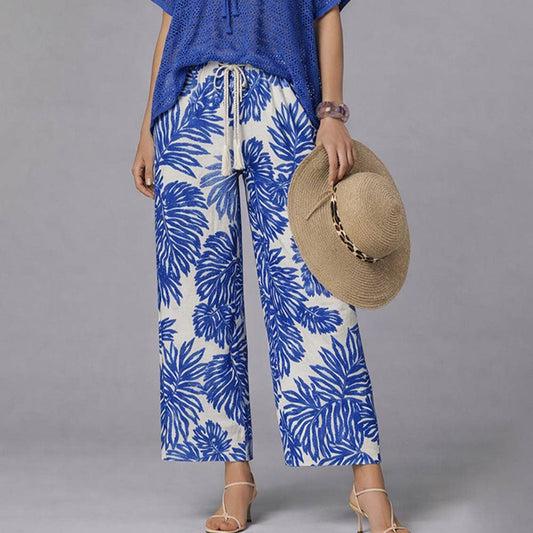 Tropical Leaf Print Wide Leg Pants