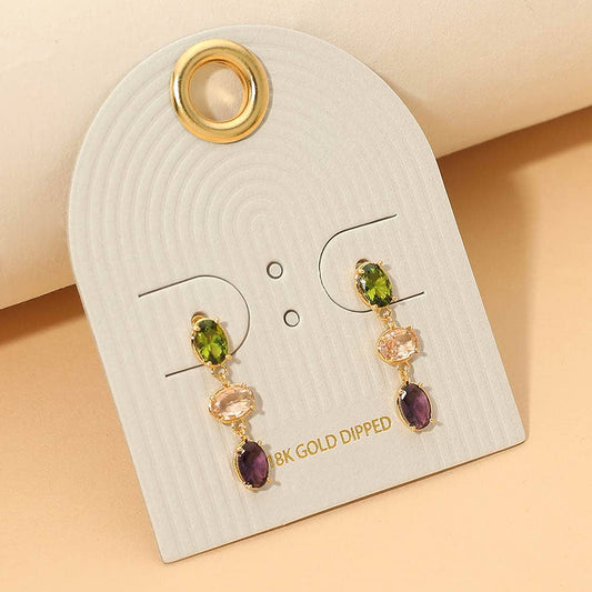 18K Gold Dipped Dainty Triple Oval Stone Cluster Link Drop Earrings
