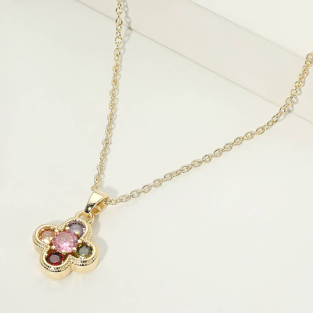 14K Gold Plated Colorful CZ Stone Quatrefoil Pendant Necklace