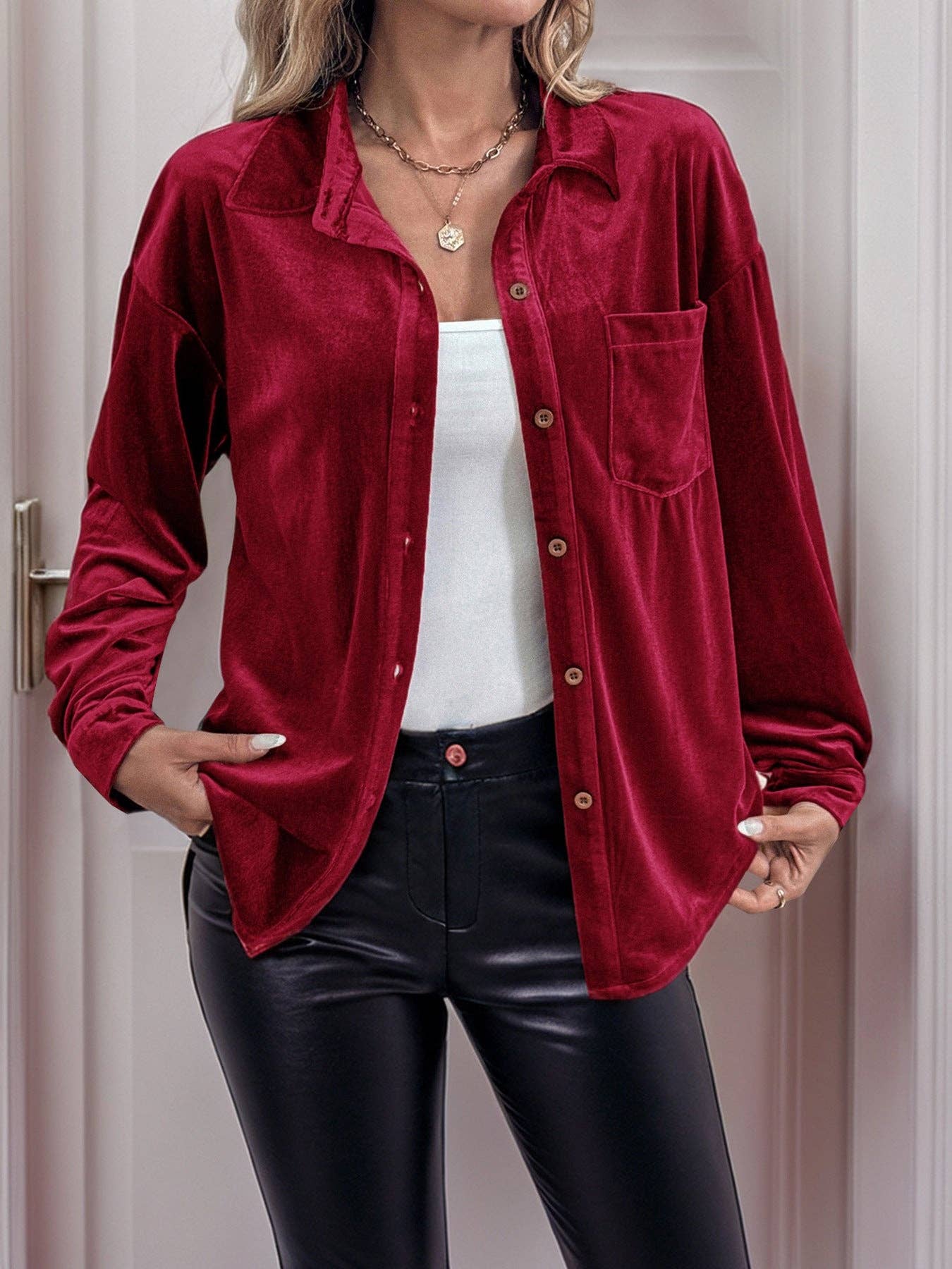 Solid Velvet Button-Up Lantern Sleeve Collared Blouse