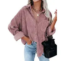 Women Corduroy Long Sleeve Button Down Shirt Jacket - Pink