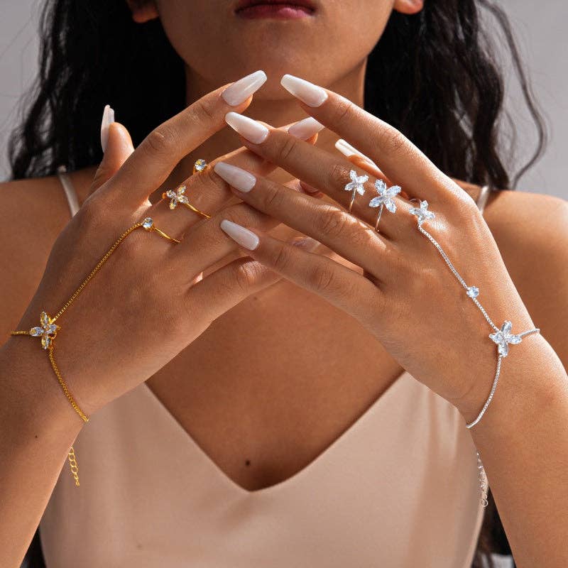 Four-Petal Flower CZ Hand Chain Bracelet in Solid Copper