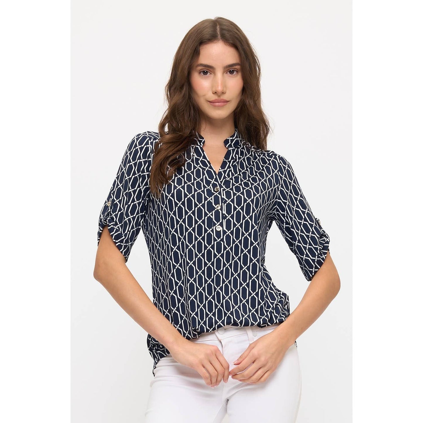MANDARIN HALF PLACKET ROLL TAB SHIRT