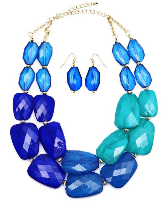 FACET RESIN STONE DOUBLE CHAIN NECKLACE SET