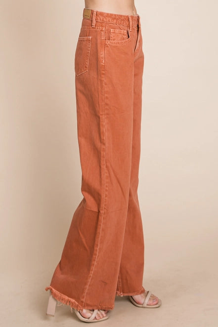 High Rise Raw Hem Wide Leg Washed Color Pants