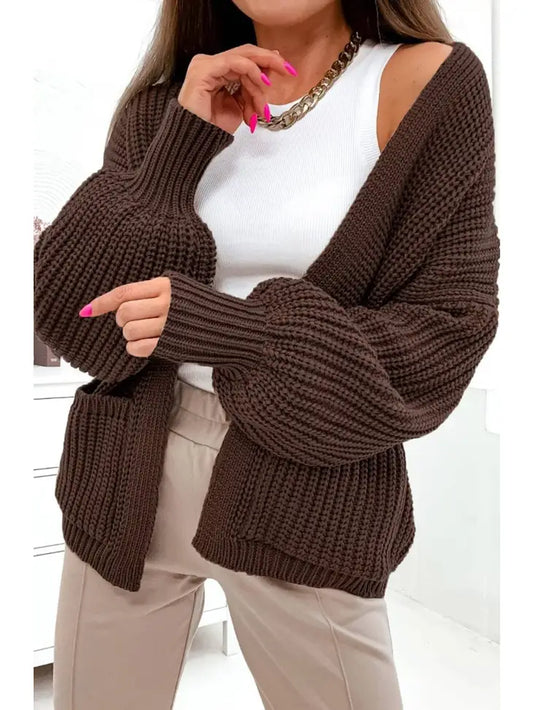 Bella Pocket Detail Knitted Cardigan-Dark Brown