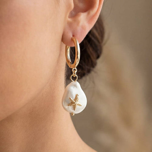 Starfish Pearl Dangle Hoop Earrings
