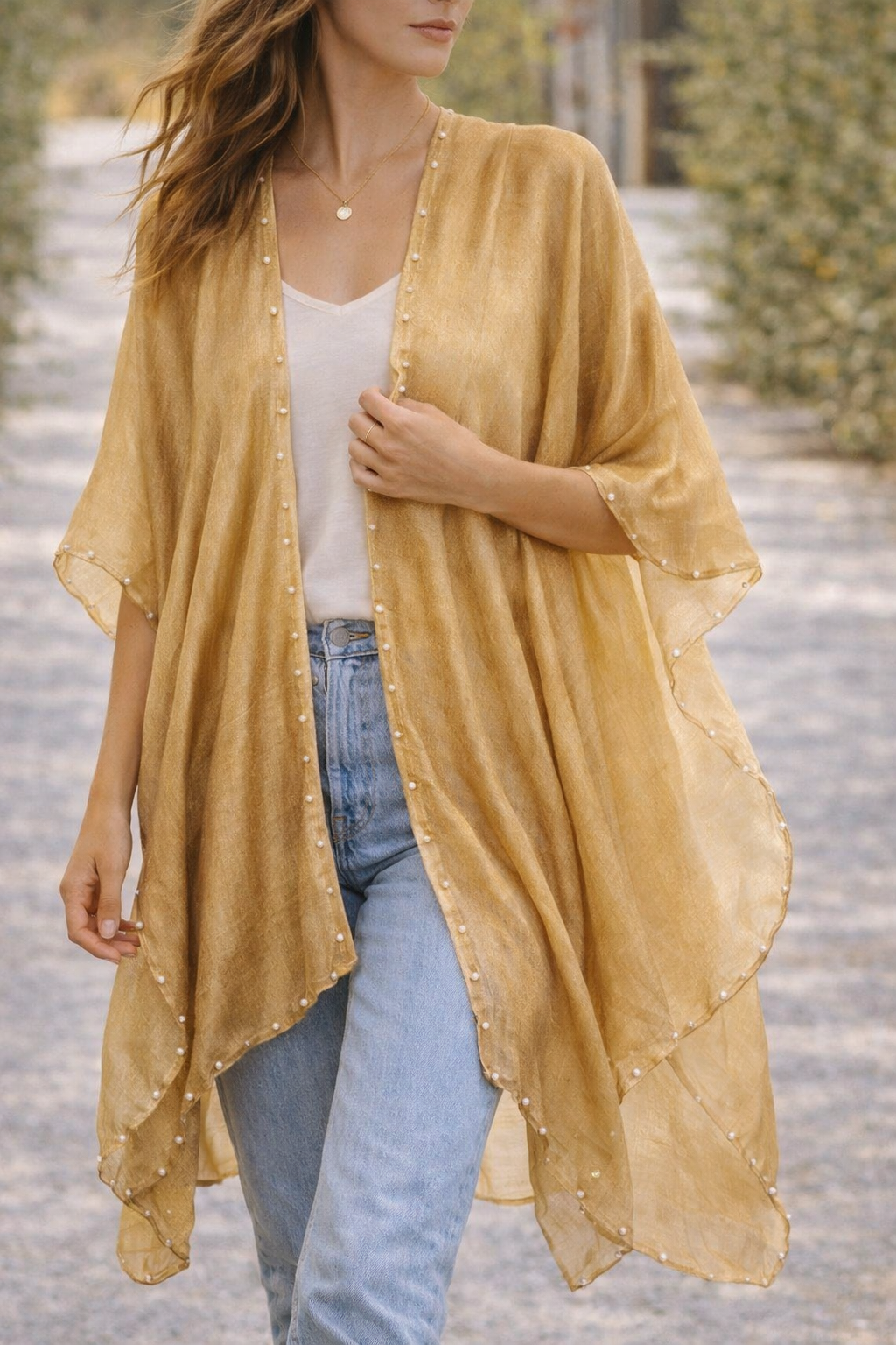 Airy Pearl-Trim Silk-Blend Layering Kimono Cover-Up