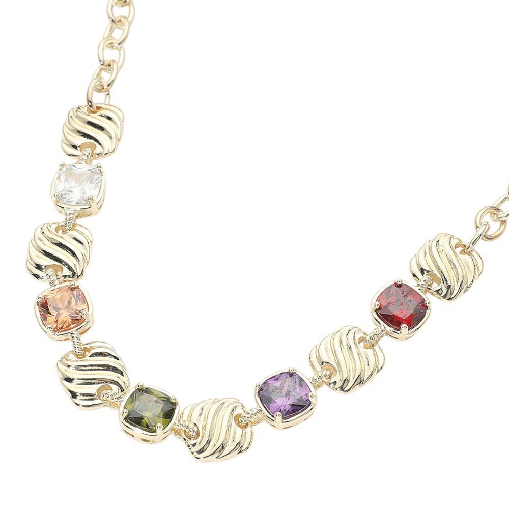 14K GP Multicolor Square CZ Cluster Necklace