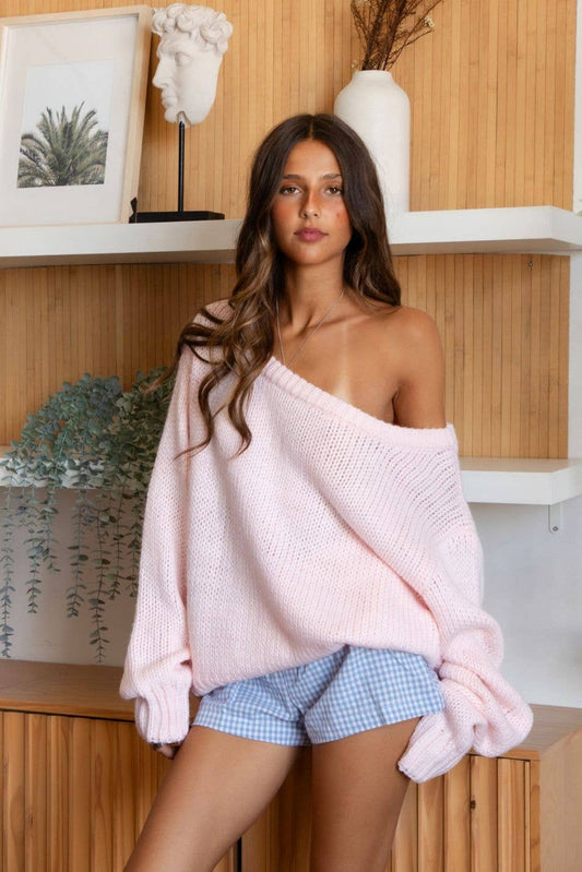 BRANDY Ribbed Knit Off The Shoulder Relaxed Sweater Cardigan