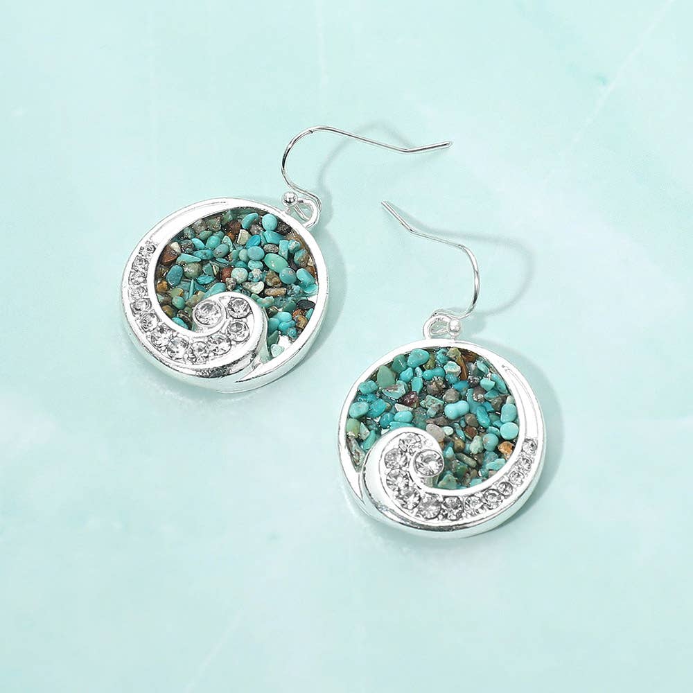 Crushed Pebble Swirl Wave Round Dangle Earrings