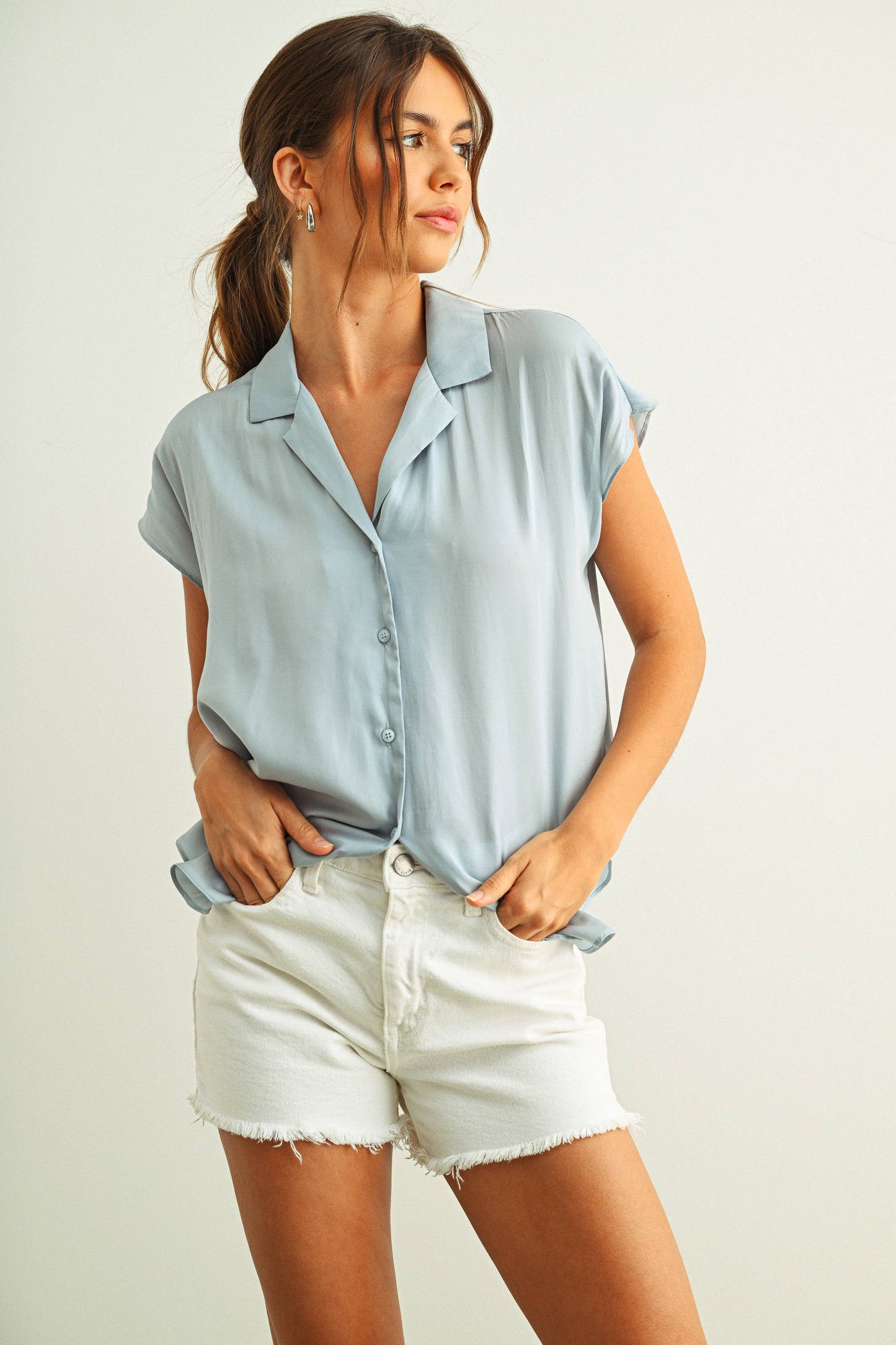 BUTTON DOWN CAP SLEEVE SHIRTS