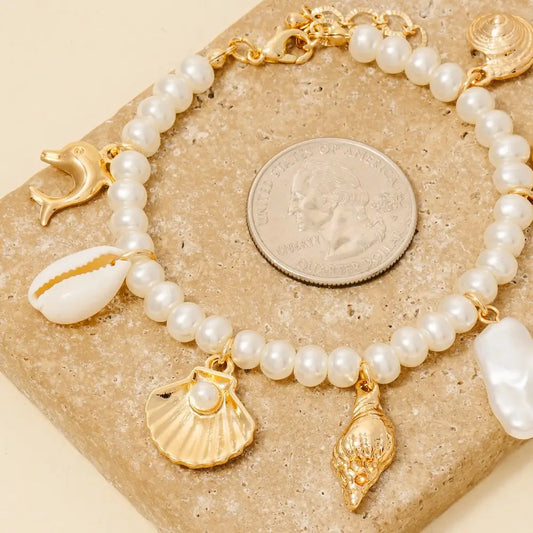 Assorted Sea Life and Pearl Charms Beaded Bracelet