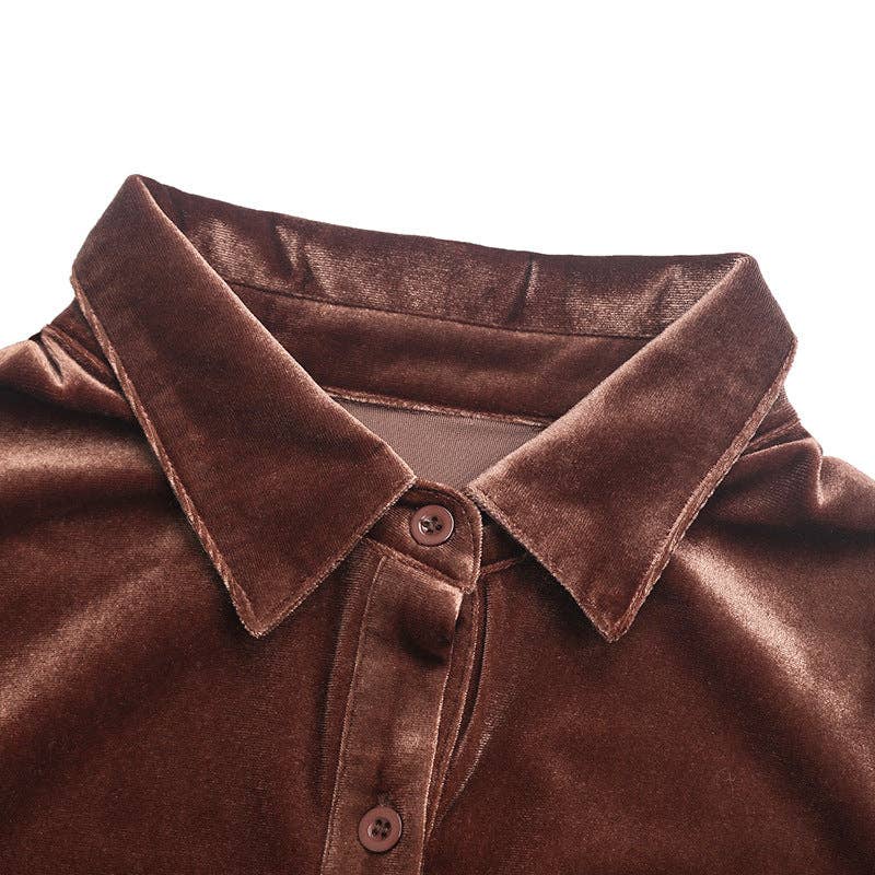 Solid Velvet Button-Up Lantern Sleeve Collared Blouse