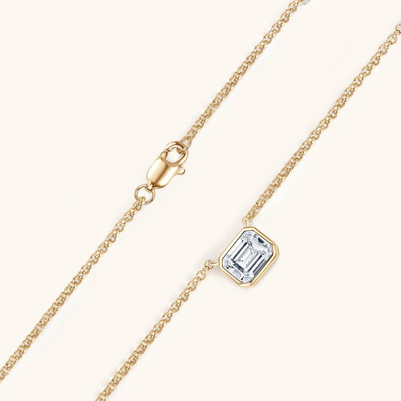 Emerald Cut Moissanite Charm Necklace in 925 Sterling Silver